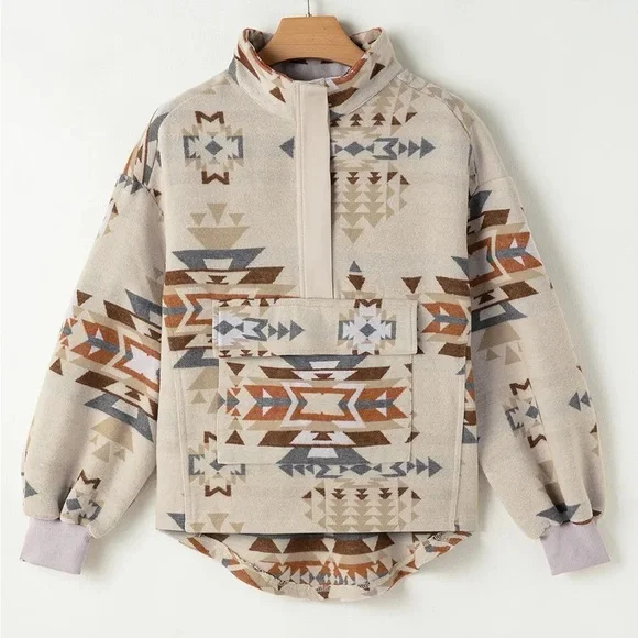 Cozy Beige Geometric Collared Neck Long Sleeve Sweatshirt